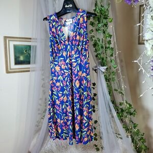 Leota Blue Ivy Floral Flower Stretchy Midi Dress Garden Party M Cottage $148